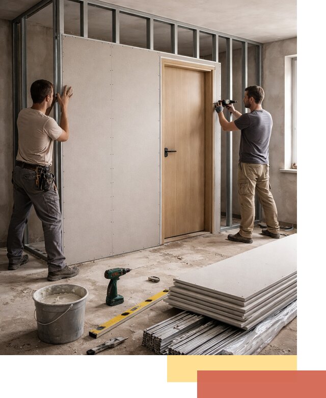 Перегородка из гипсокартона с дверью под ключ в Нижнеудинске