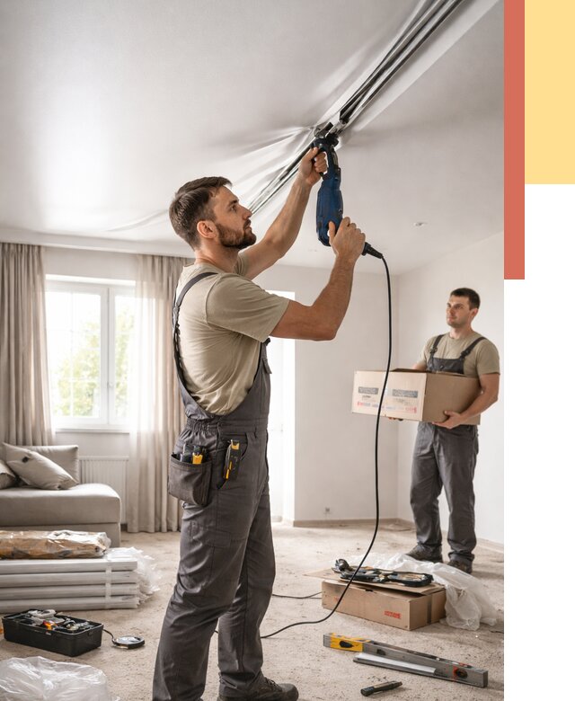 Монтаж сатинового натяжного потолка в Нижнеудинске от 3560 руб. | Быстро, недорого — ОТДЕЛОЧНИК-Нжк