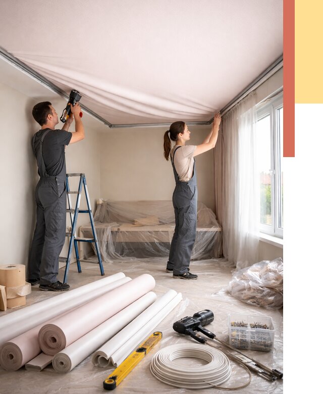 Монтаж цветного натяжного потолка в Нижнеудинске от 4272 руб/м² — быстро и недорого | ОТДЕЛОЧНИК-Нжк