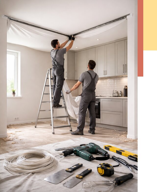 Установка натяжного потолка на кухне в Нижнеудинске от 2441 руб. | ОТДЕЛОЧНИК-Нжк